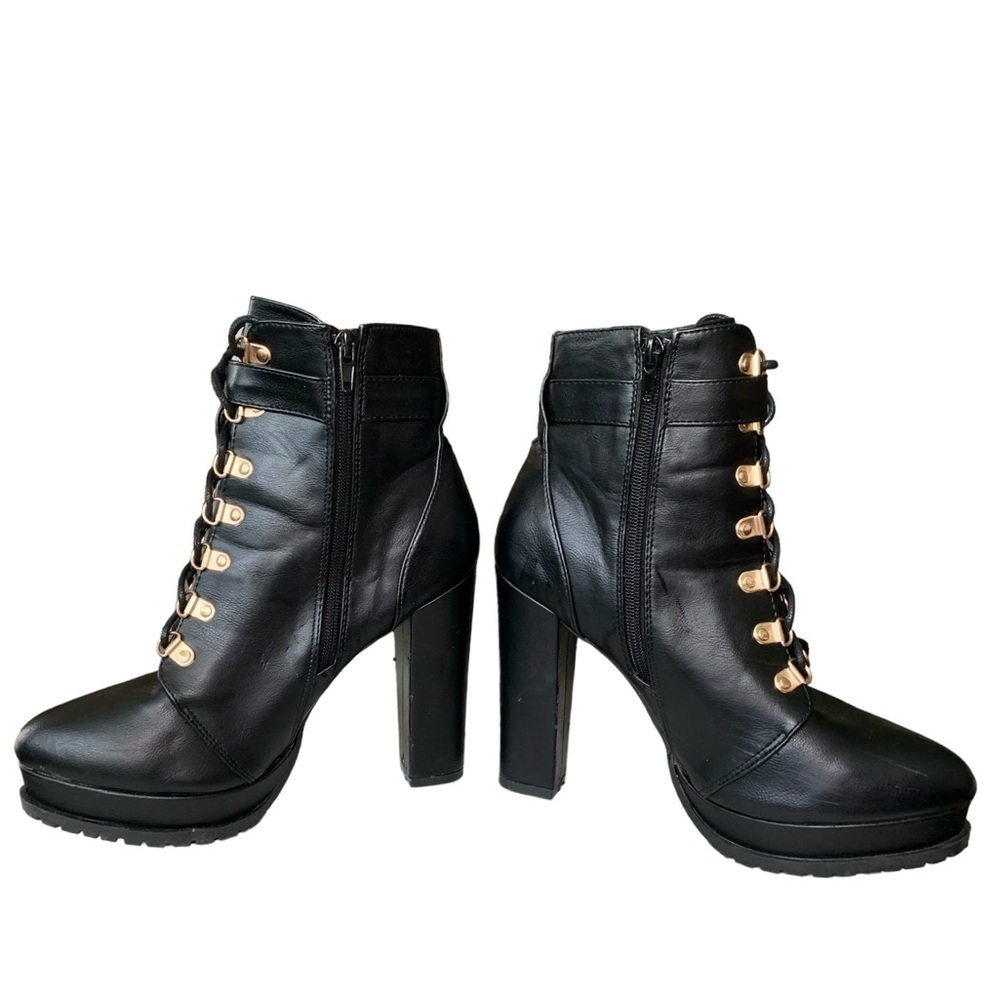 Black & Gold lace up bootie with Zipper high heels boots - Picture 2 of 16